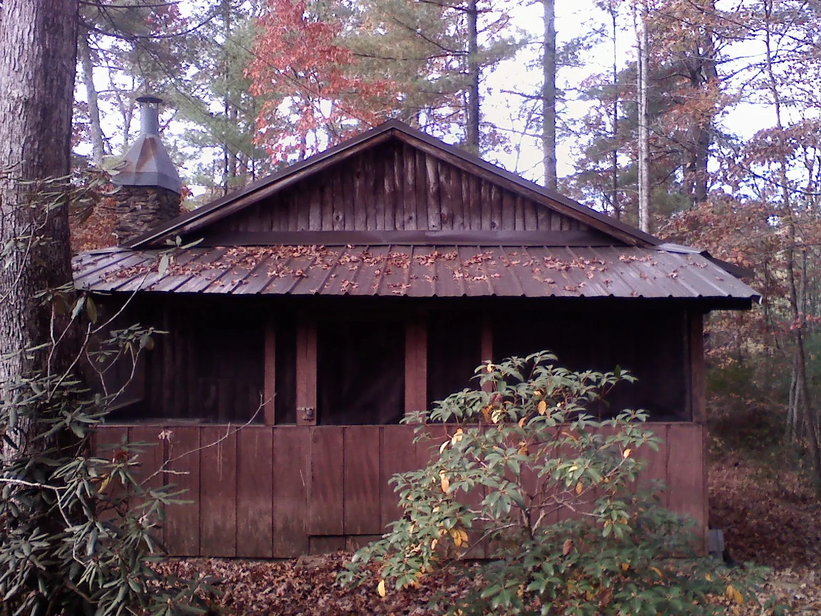 Metal roof over the screened porch of a rustic cabin in Burlington